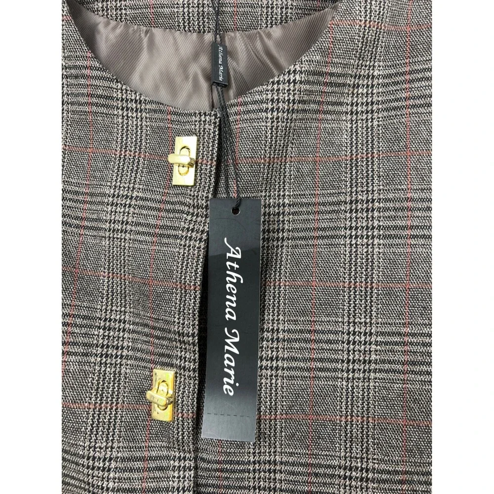 Athena Marie Plaid Blazer Women 12 Brown Gold Turn Lock Collarless Jacket NEW